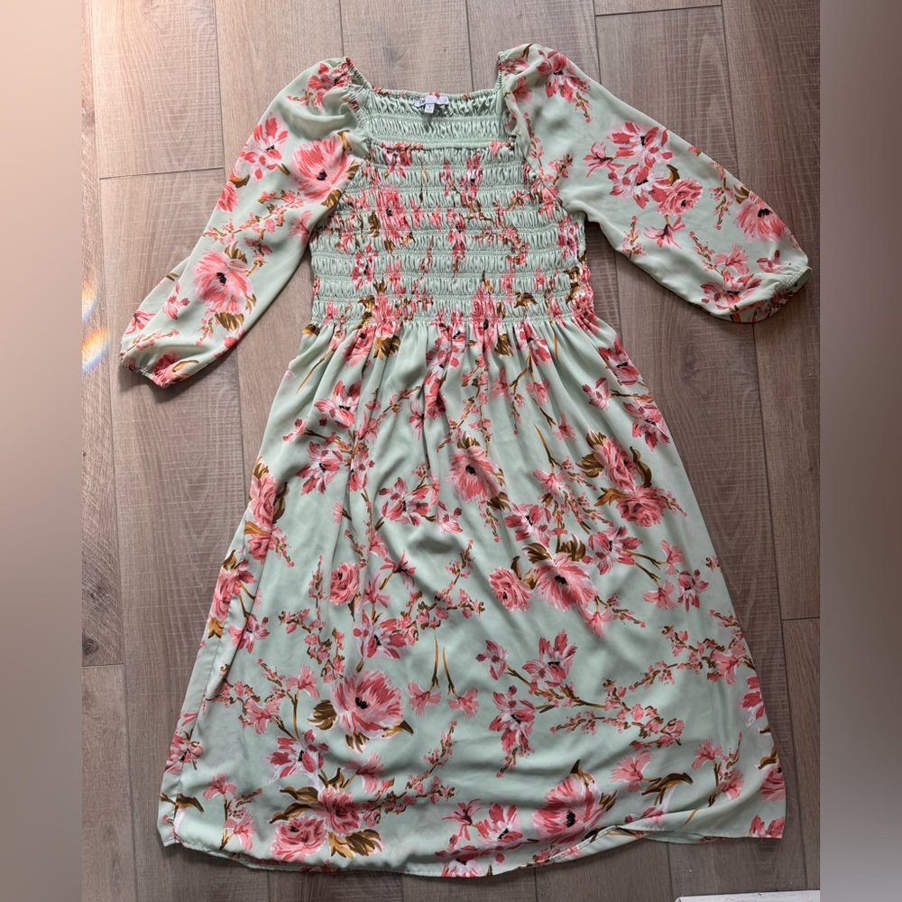 DR2 Mint Floral Smocked Dress with Pink Blooms Spring Cottage Wedding